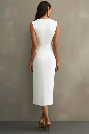 White Satin V-Neck Formal Dress with Belt